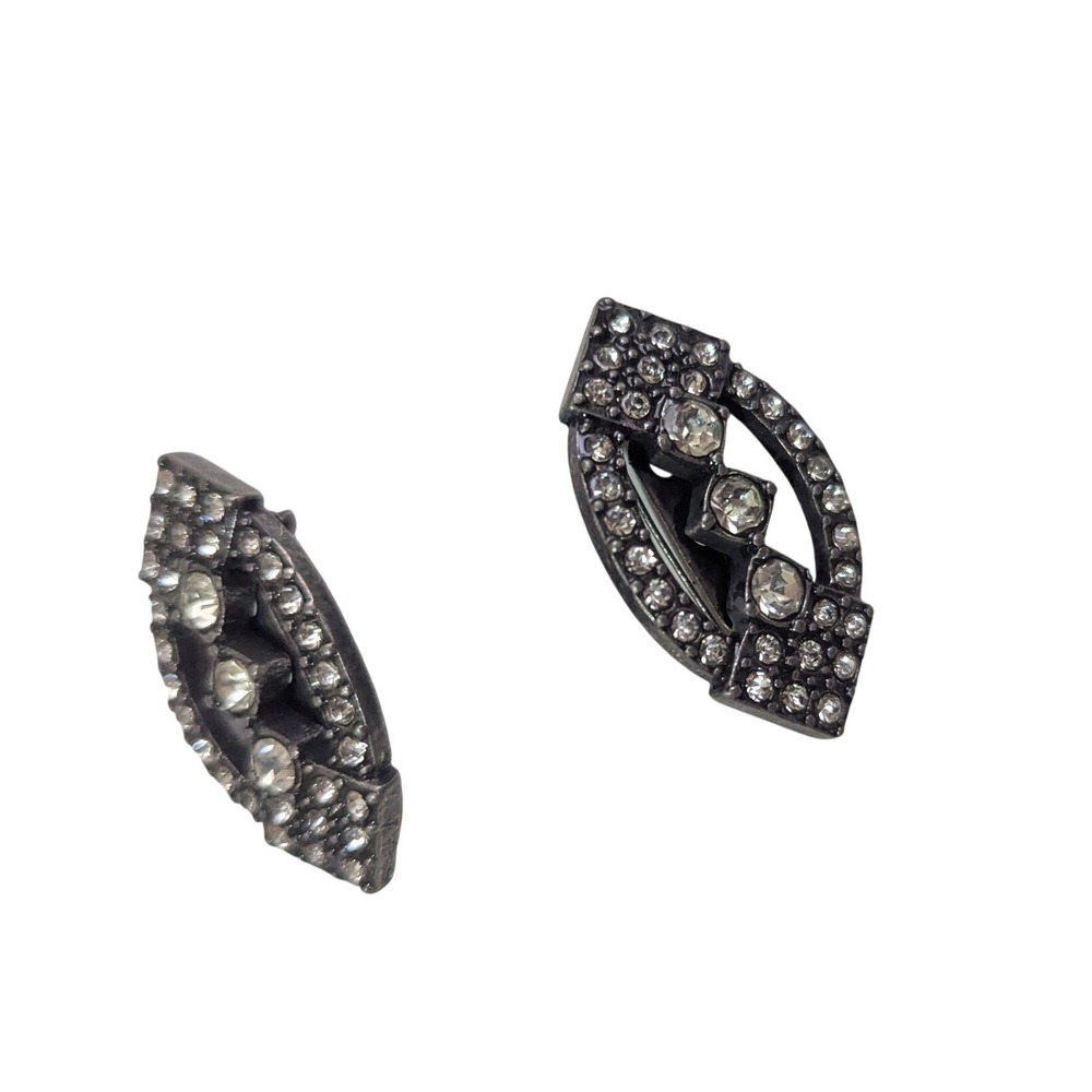 Vintage Rhinestone Marquise Brooch Set Gunmetal Tone Art Deco Style Pin Clips